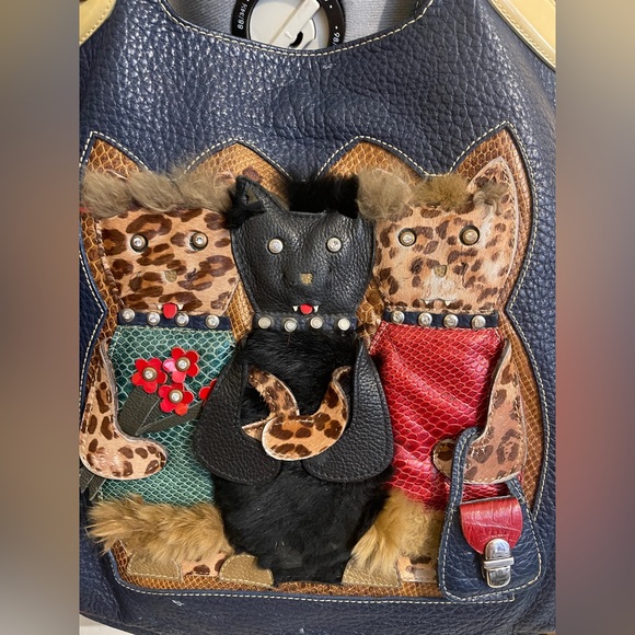 Vintage Handmade Brazilian Leather Boho Appliqué 3D Cats Tote Shoulder Bag - Picture 2 of 15